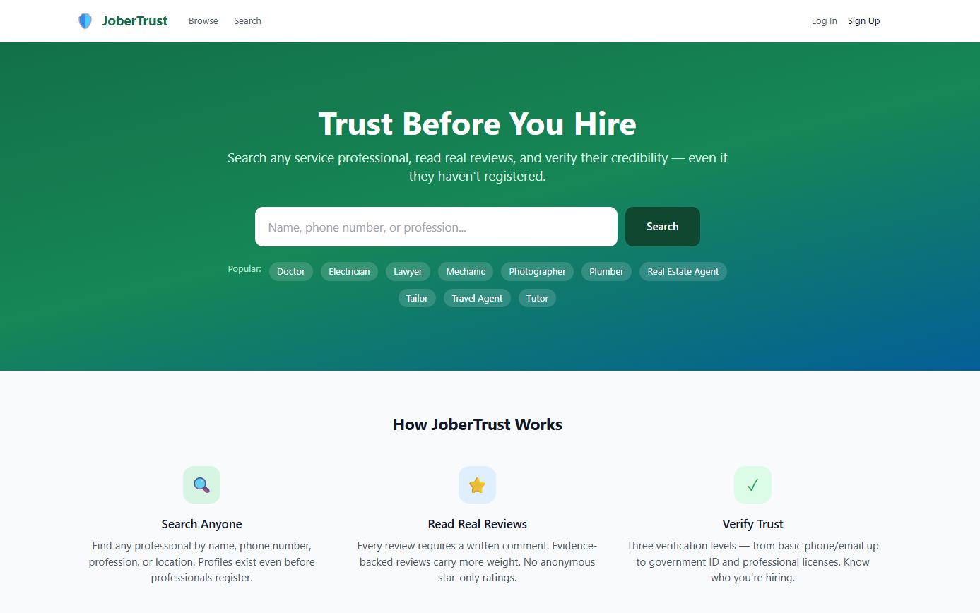 JoberTrust homepage showing the professional reputation and verification platform